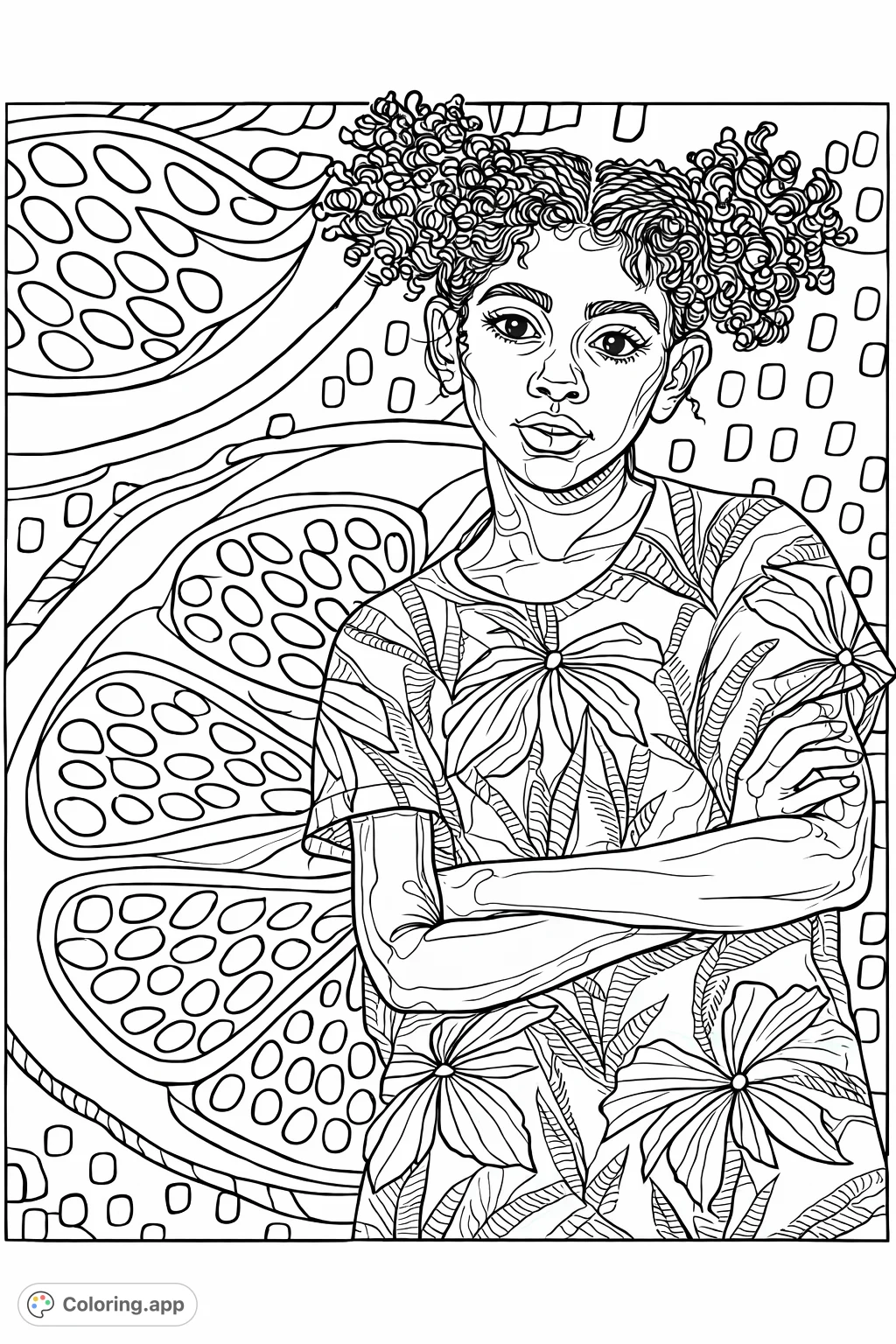 An striking portrait of a person with textured hair and patterned clothing, set against a vibrant background of stylized fruit slices and geometric designs, ready for your creative touch.