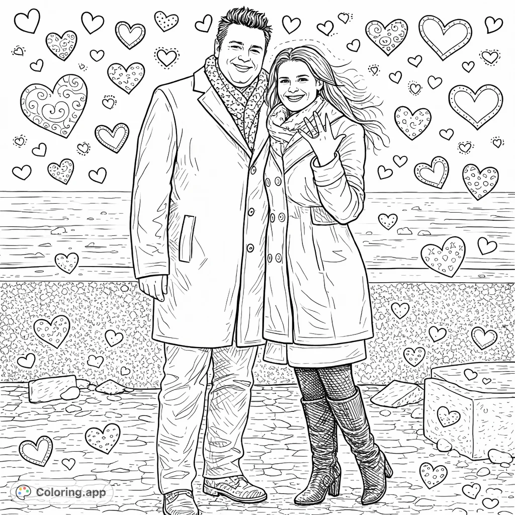 Celebrate love with this romantic engagement coloring page featuring a happy couple by the water. Hand-drawn with decorative heart patterns and intricate details.