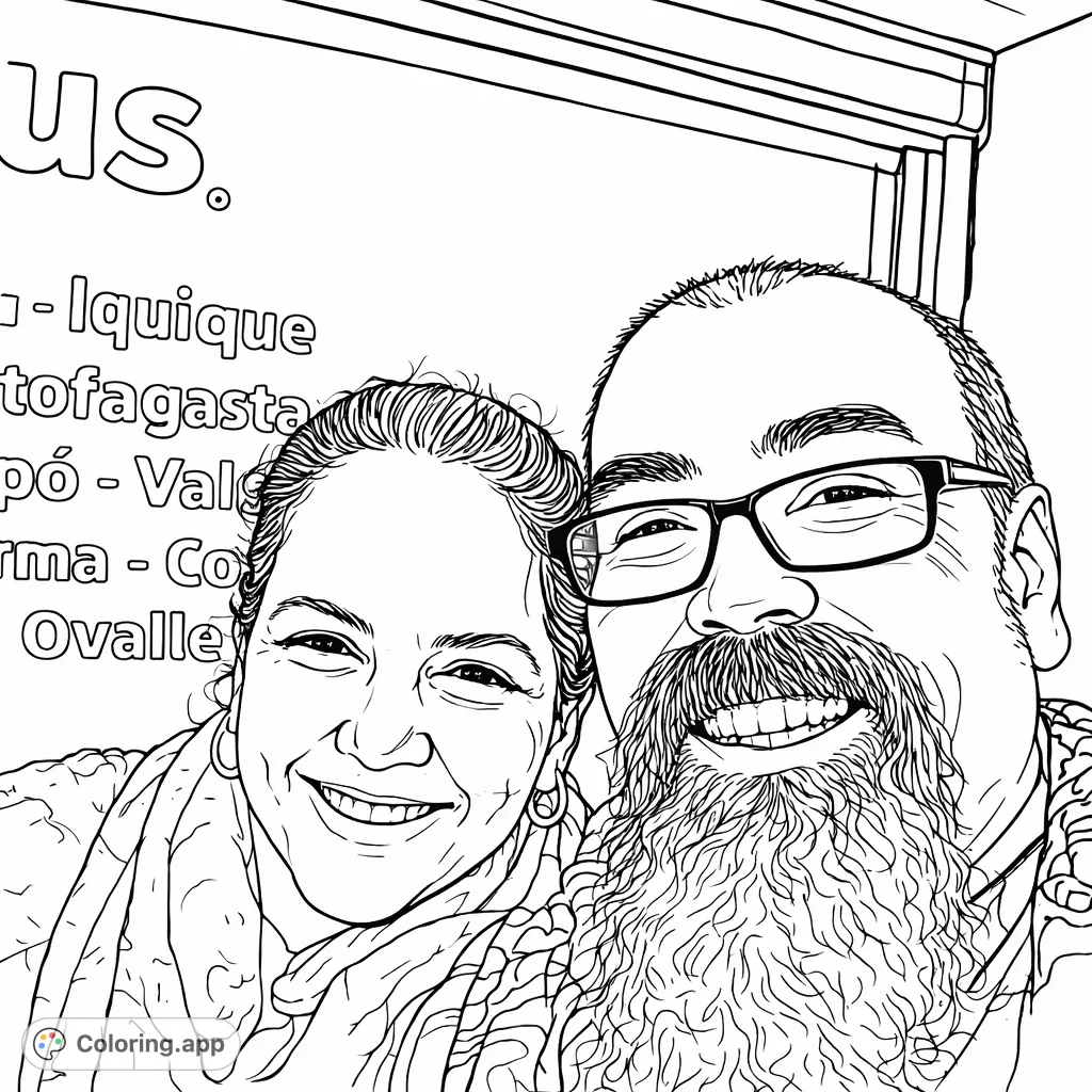 A heartwarming portrait of a smiling couple, perfect for personalizing with your favorite shades. Features detailed facial expressions and patterned clothing.