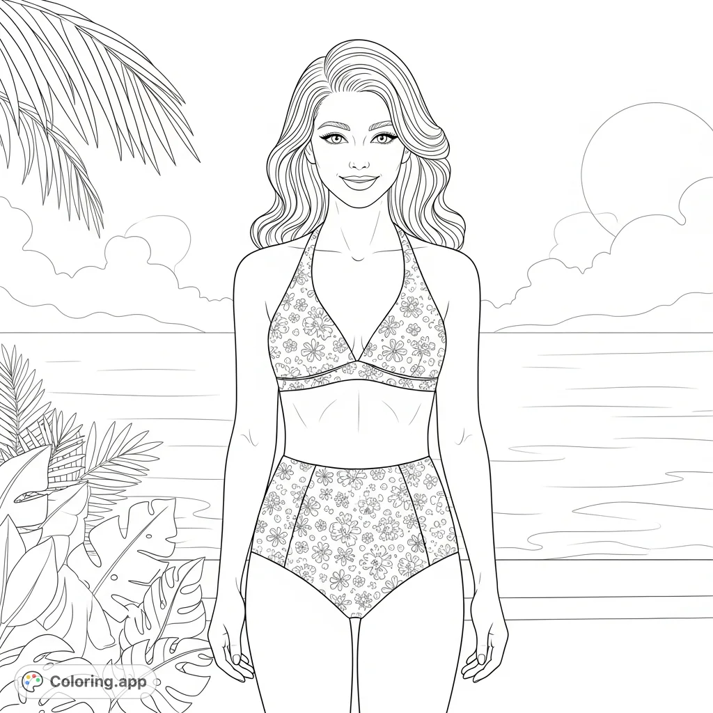 A graceful woman in a stylish bikini, ready for sun and relaxation. This detailed coloring page captures a vibrant, sun-kissed summer scene.
