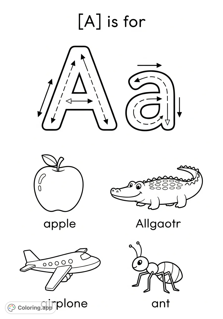Engage young learners with this letter A preschool alphabet coloring page! Features tracing A/a, "A is for" objects like apple, alligator, airplane, and ant.