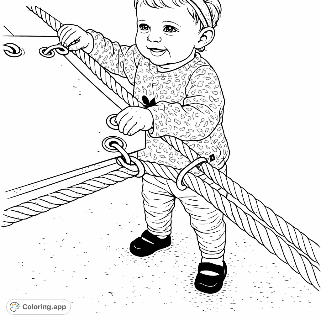 A delightful baby explores a playground structure, holding onto twisted ropes with a joyful expression, perfect for young colorists to bring to life.