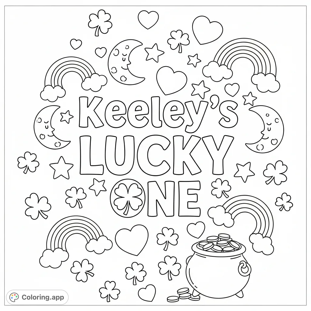 A cute and festive St. Patrick's Day coloring page for Keeley's birthday, featuring 'Lucky One' text with a shamrock 'o' amidst whimsical charm elements.