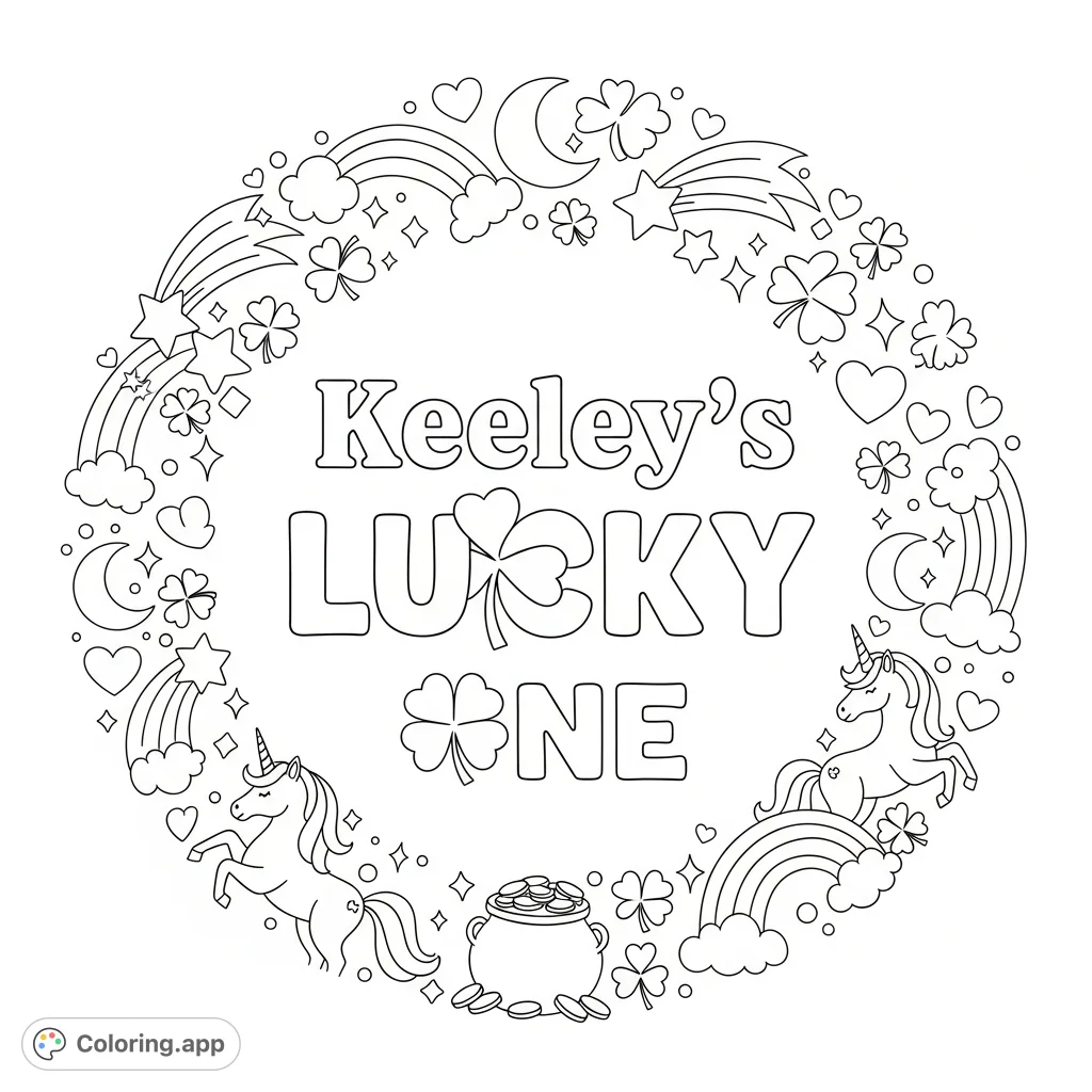 A whimsical St. Patrick's Day coloring page featuring 'Keeley's Lucky One' surrounded by shamrocks, stars, unicorns, and rainbows.