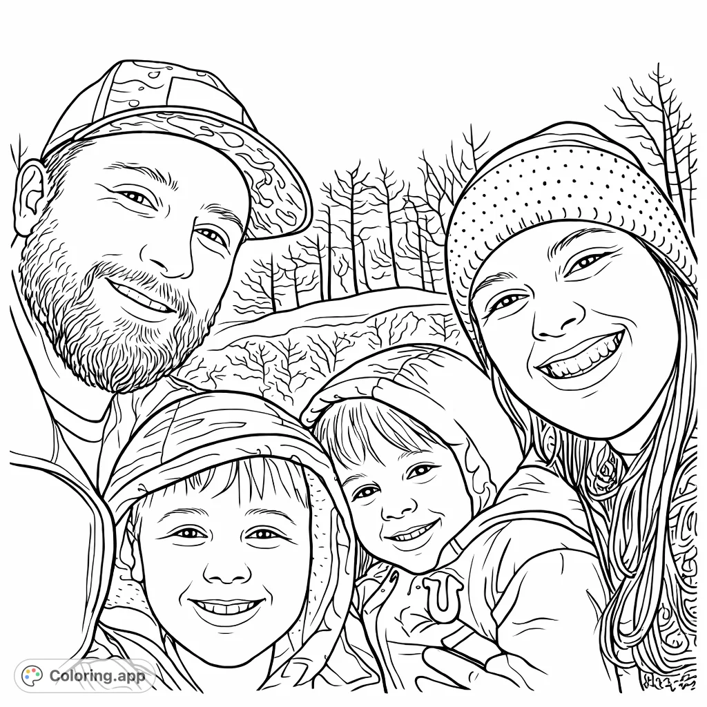 Capture a joyful family moment with this charming coloring page featuring two adults and two children smiling brightly in their winter attire against an outdoor backdrop.