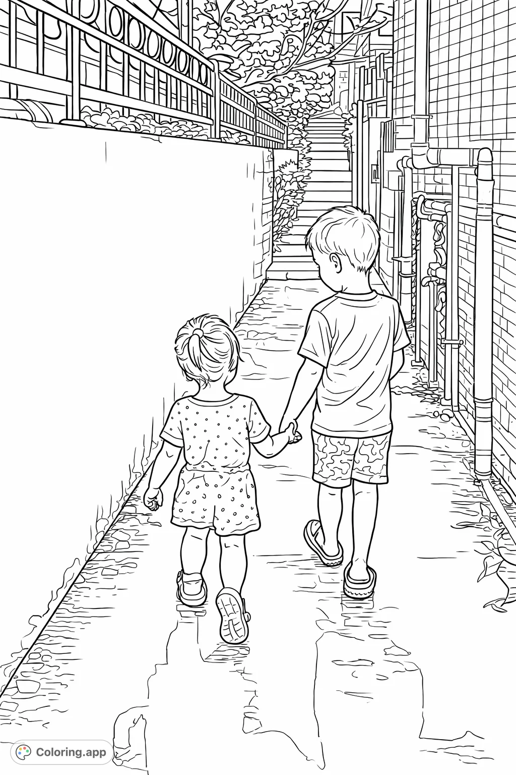 A charming scene of two children holding hands, walking down a sunlit alleyway. Features intricate details on walls and foliage for creative coloring.