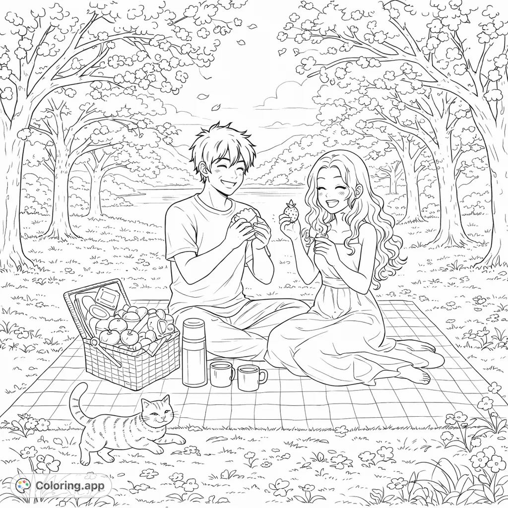A joyful couple enjoys a serene picnic amidst abundant flowering trees, with a playful cat nearby, creating a delightful scene for relaxation and coloring.