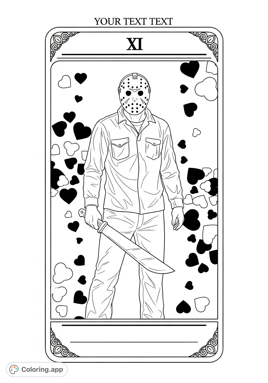 Unleash your creativity with this unique Jason Voorhees tarot card coloring page, featuring the horror icon surrounded by symbolic hearts. A macabre twist!