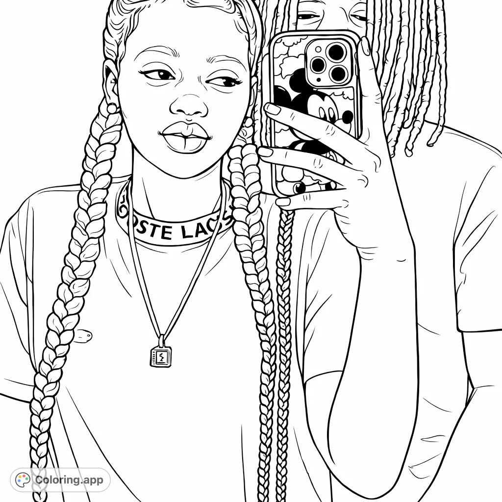 Capture a moment of style with this duo coloring page. Featuring braided hair, trendy accessories like a lock necklace and phone case, and casual tops.