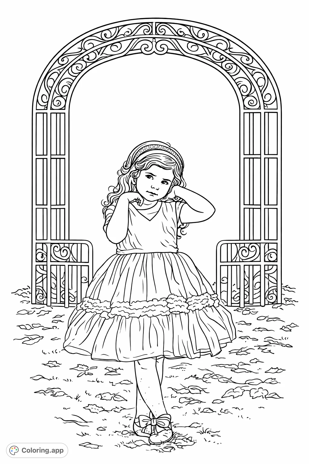 Delightful girl in a fancy dress stands before an elegant garden arbor, surrounded by autumn leaves. A charming scene for imaginative coloring fun.