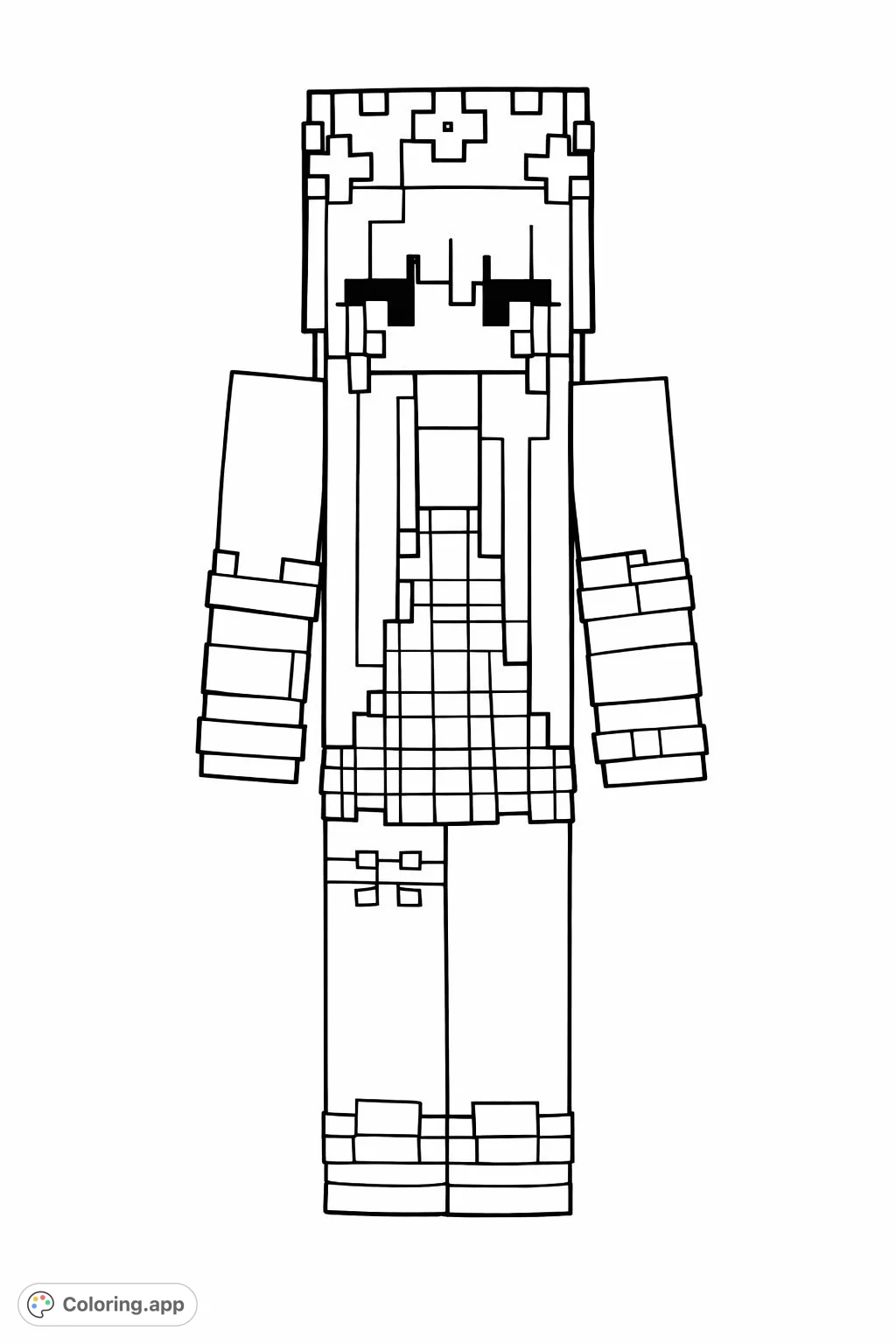 A charming pixel art avatar from a popular block-building game, featuring a heart-decorated headpiece, plaid garment, and stylish accessories for creative coloring.