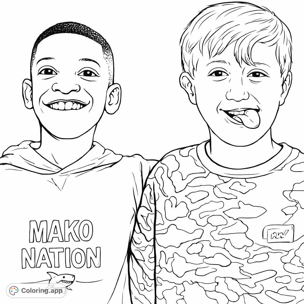 A cheerful coloring page featuring two smiling boys in a friendly pose. One boy wears a "Mako Nation" hoodie, the other a camouflage shirt.