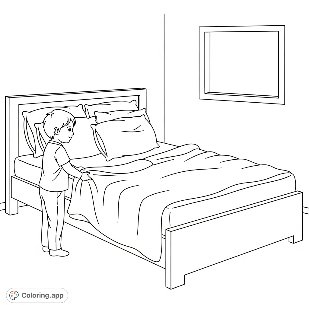 A heartwarming coloring page featuring a child diligently making a bed, promoting responsibility and daily routines. A simple, inviting scene for young colorists.