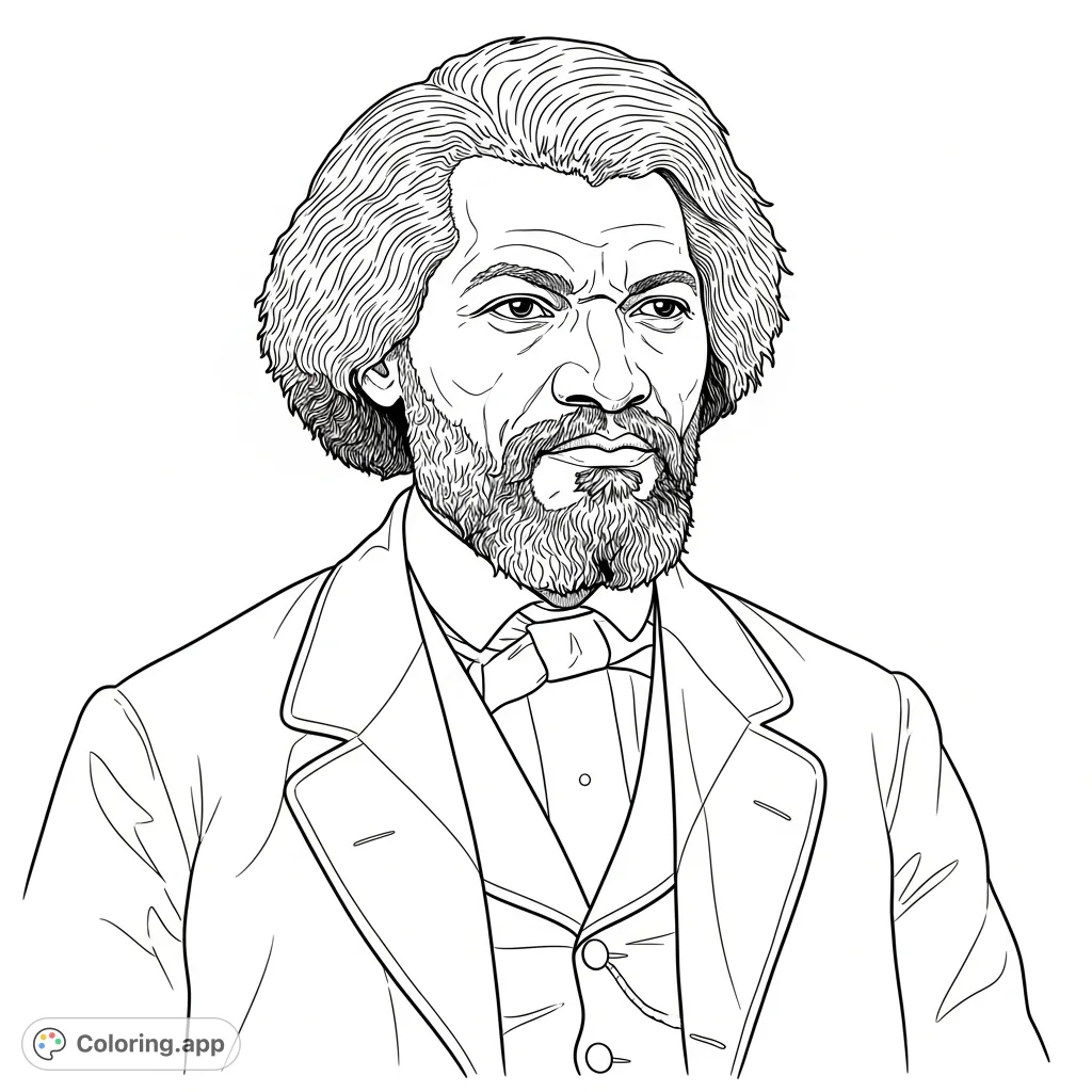 A dignified portrait of Frederick Douglas, capturing his powerful presence and detailed features, perfect for historical and educational coloring.