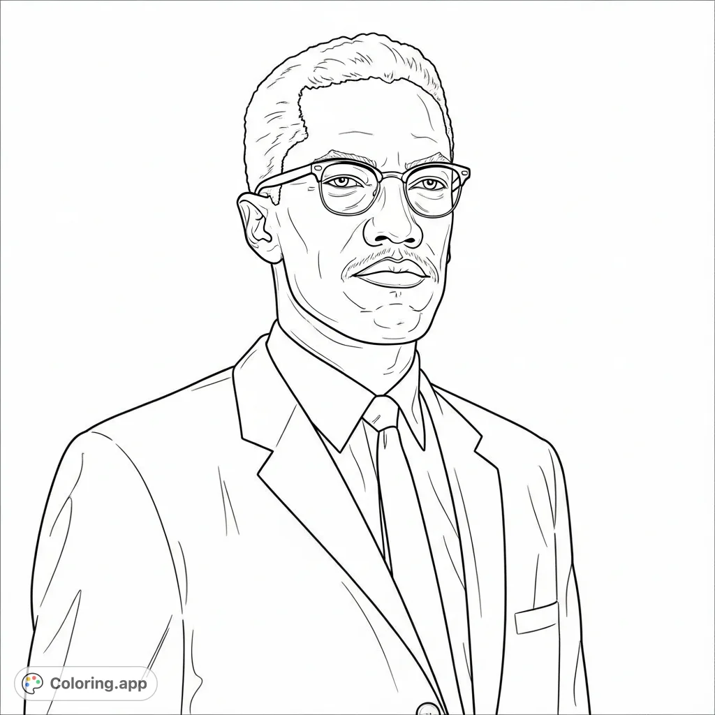 A powerful portrait of Malcolm X, the influential civil rights leader, captured with a dignified expression. Perfect for history enthusiasts and aspiring portrait artists.