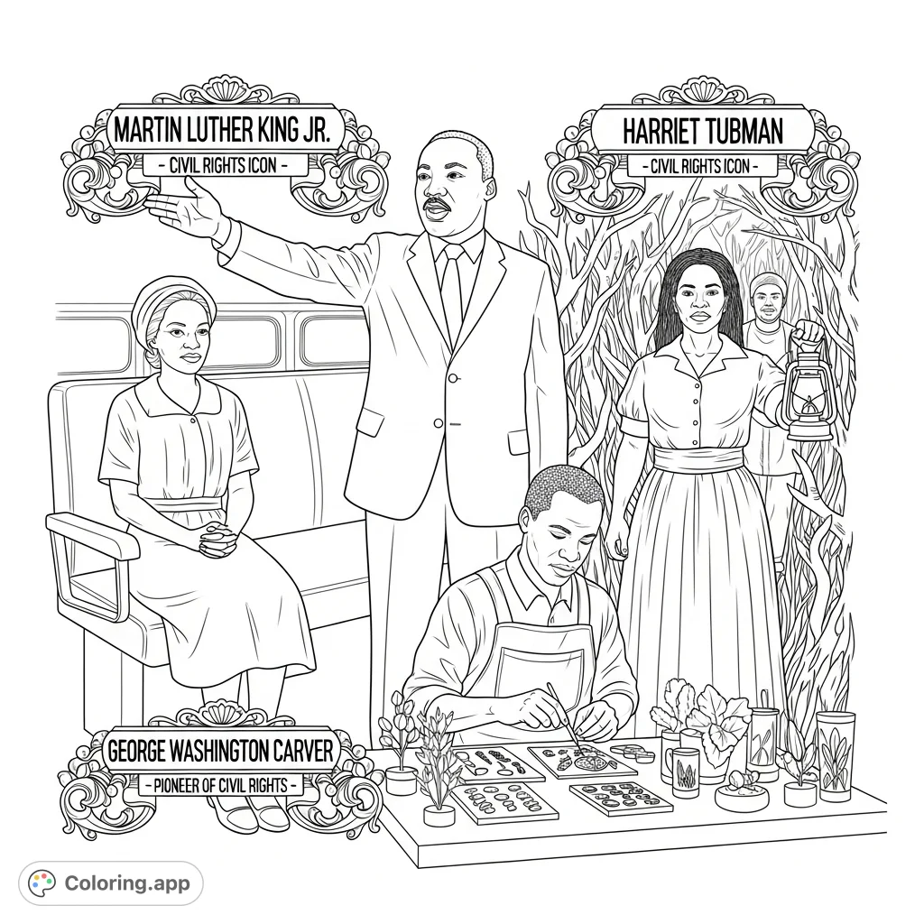 Honor Black History Month with a powerful coloring page featuring iconic Black heroes like MLK, Rosa Parks, Harriet Tubman, and George Washington Carver, with their names and achievements.