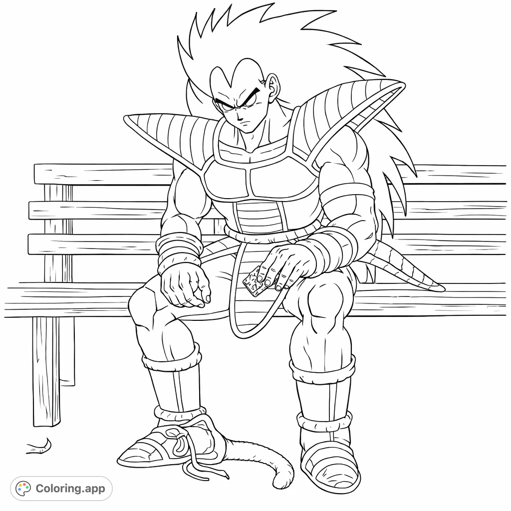A powerful Saiyan warrior with long, spiky hair sits contemplatively on a bench, clad in distinctive battle armor. Perfect for fans of action anime characters.