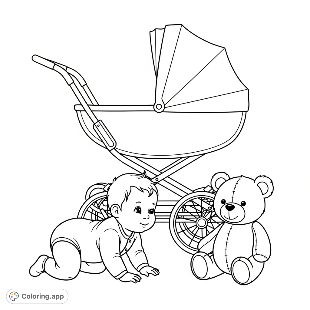 A sweet baby crawling towards a cozy stroller, with a friendly teddy bear sitting nearby. A heartwarming baby care coloring page for free printable fun.