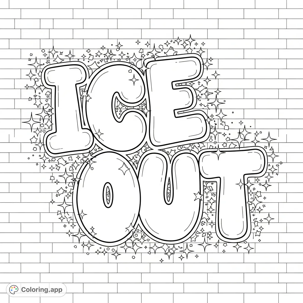 A dynamic graffiti coloring page featuring "ICE OUT" in bold bubble letters on a brick wall, adorned with sparkling elements. Perfect for urban art enthusiasts.