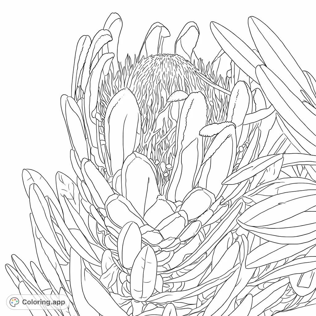 Discover the intricate beauty of a majestic protea flower, a captivating botanical coloring page with detailed bracts and a textured center. Perfect for nature lovers!