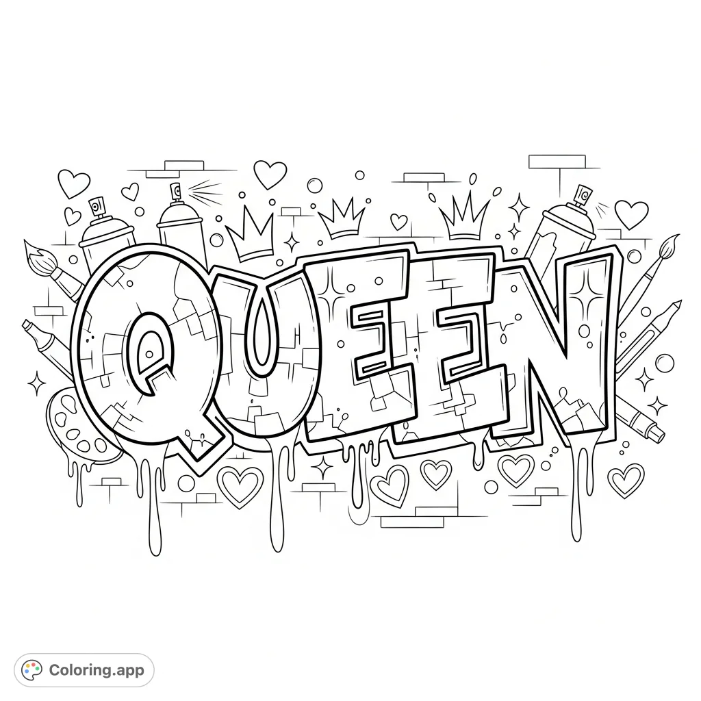 A dynamic graffiti-style "Queen" coloring page featuring robust bubble letters, sharp angles, paint drips, and crown motifs on a textured urban wall.