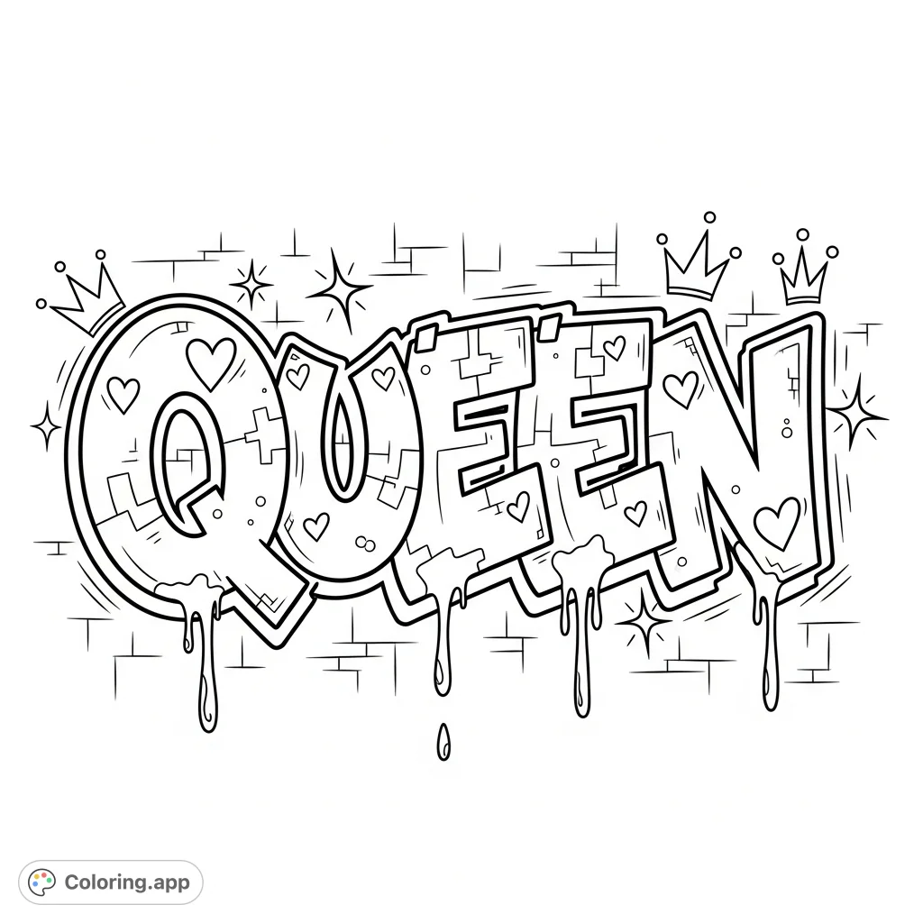 A dynamic "Queen" graffiti lettering with exaggerated bubble forms, sharp extensions, paint drips, starbursts, and crown motifs against a textured urban wall.