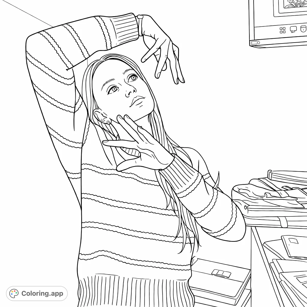 A captivating young woman strikes an expressive pose in a striped sweater, with hands gracefully framing her face. An engaging scene offering creative coloring possibilities.