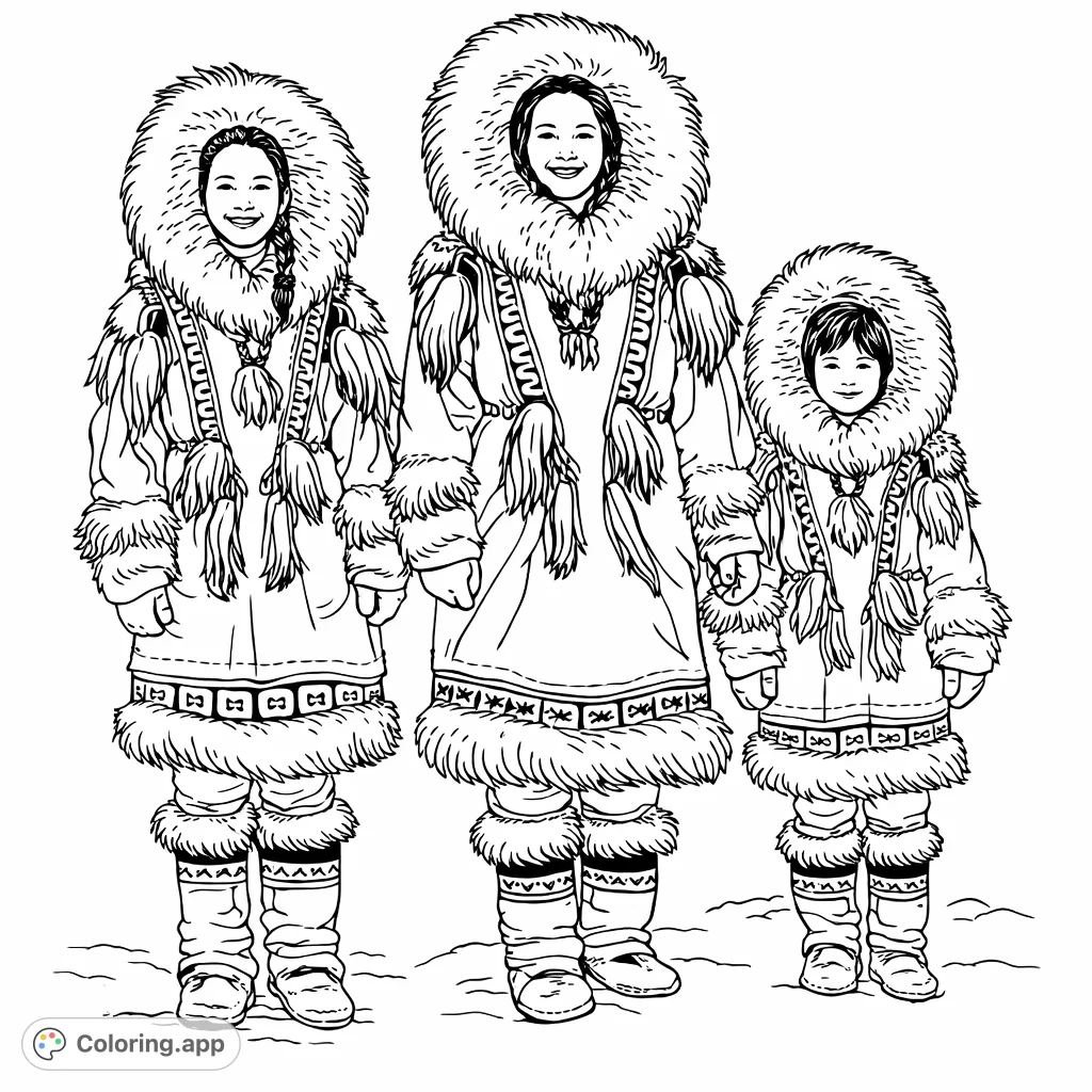 Color a family in elaborate, fur-trimmed winter parkas, standing on a snowy expanse. Features intricate patterns on traditional attire.