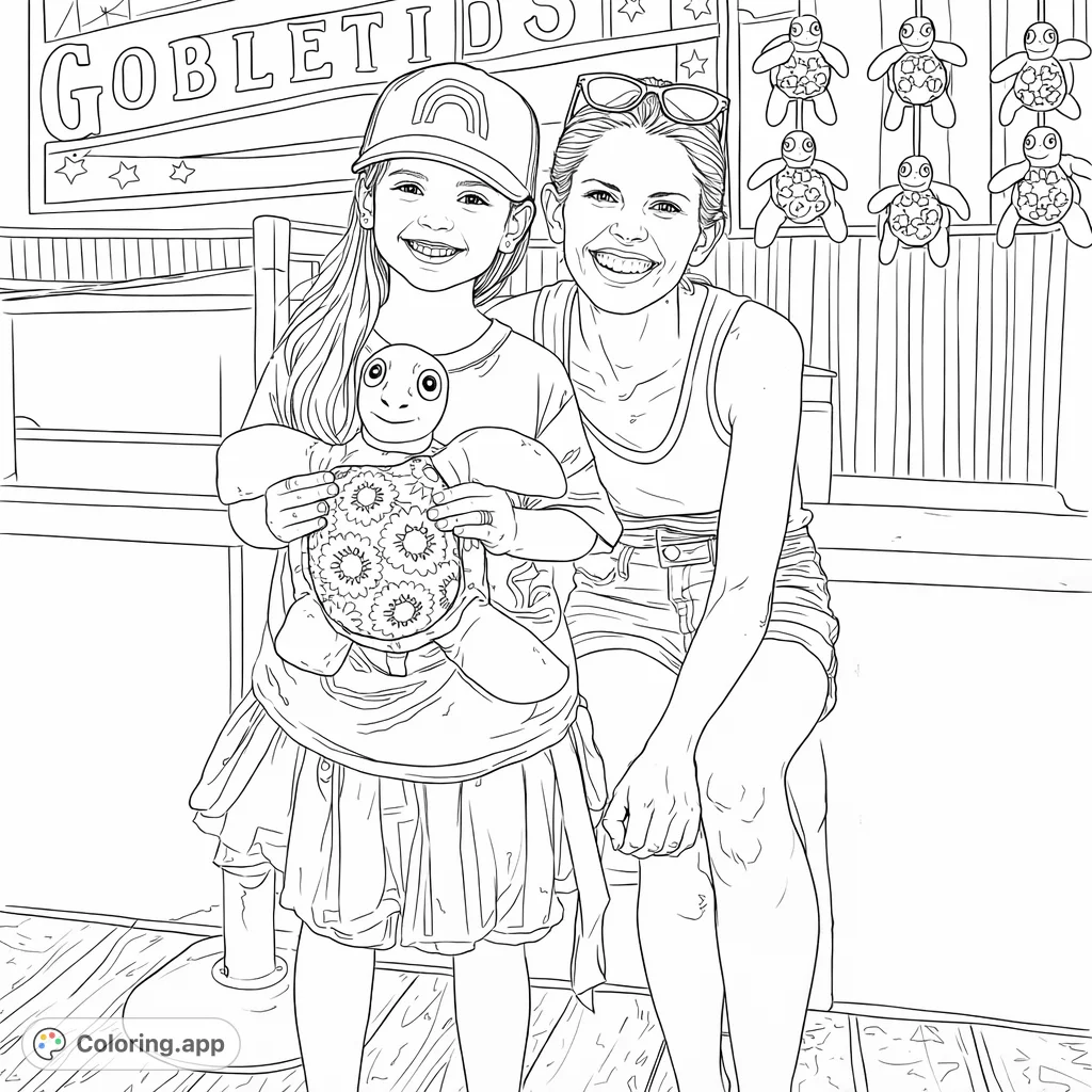 A joyful scene with a girl holding a plush turtle, alongside a smiling woman, surrounded by more playful turtle toys, perfect for coloring.