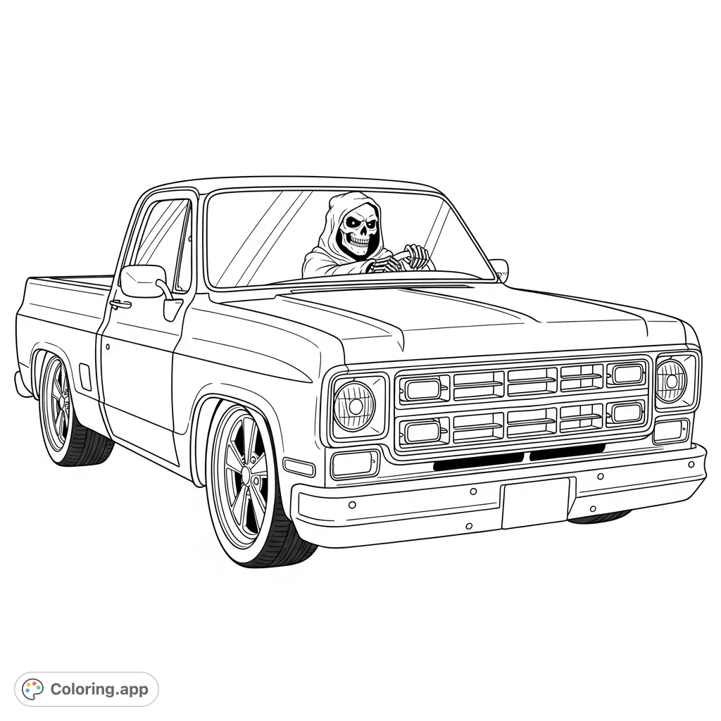 An imposing classic American pickup truck, driven by a cloaked skeletal figure, features intricate details from its prominent grille to custom wheels, set against a stark background.