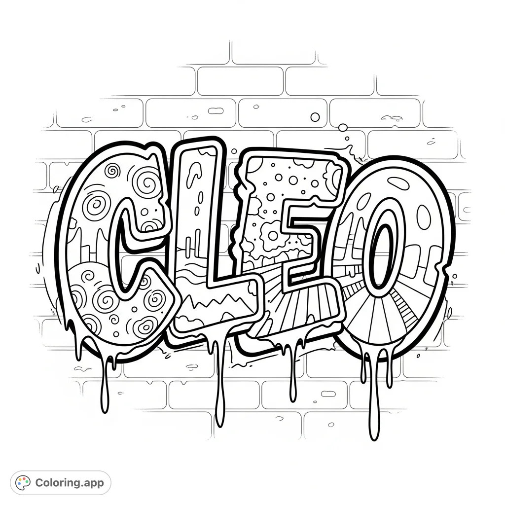 Unleash your creativity on this dynamic "Cleo" graffiti coloring page. Bold lettering with intricate patterns and drips stands against a distressed brick wall.
