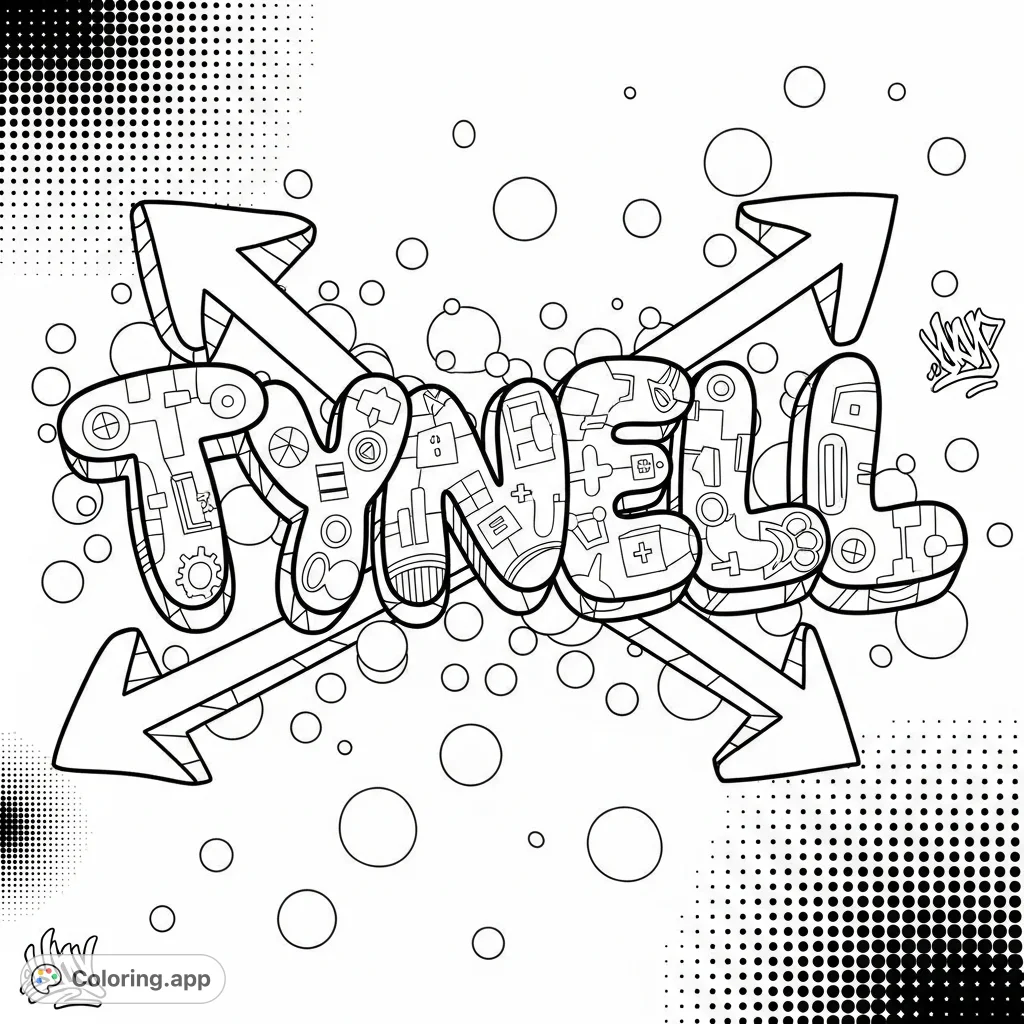 Color a dynamic graffiti-style "TYNELL" in bold 3D bubble letters, featuring intricate internal details, arrows, and a textured background with circles and halftone patterns.