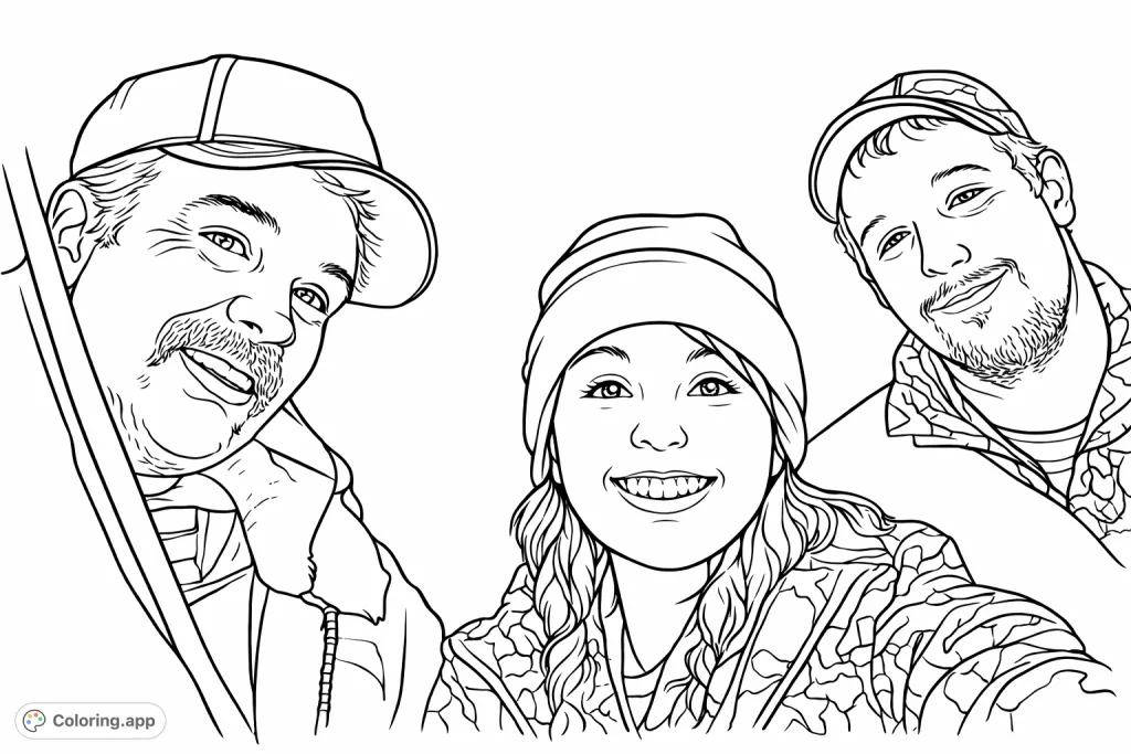 Capture a moment of happiness! This group portrait coloring page features three smiling individuals with unique clothing, perfect for personalization.