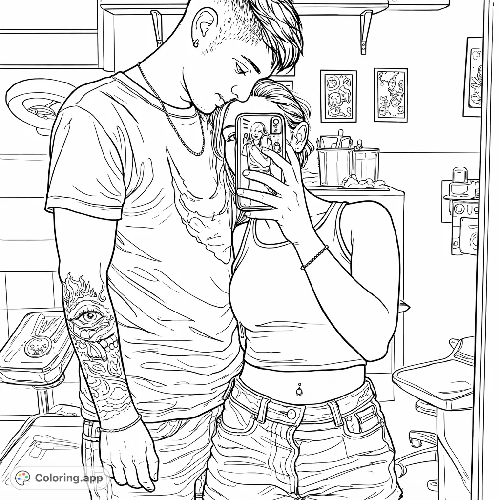 Capture a moment of connection with this couple coloring page. Featuring a tender embrace, detailed tattoos, and reflective elements for a personal touch.