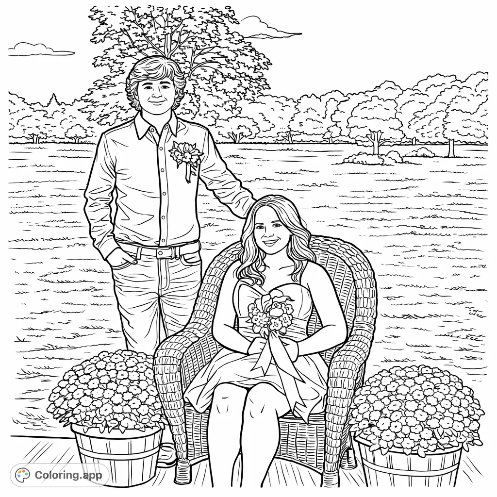 A charming outdoor portrait of a young couple dressed formally, surrounded by potted flowers and a scenic natural background. Perfect for personalizing.