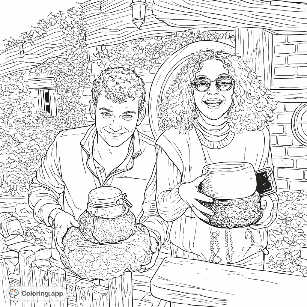 Explore a charming fantasy home scene with two smiling characters presenting their rustic cheese creations. Perfect for imaginative colorists of all ages.