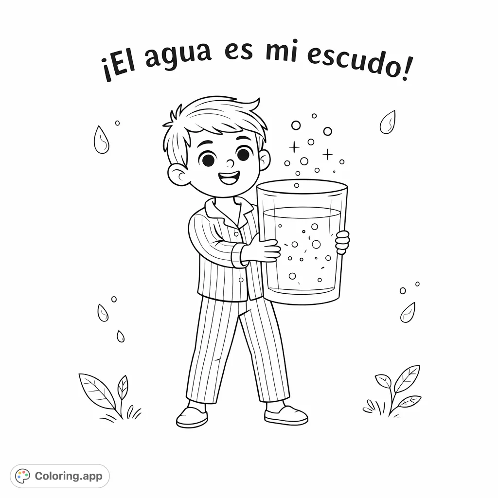 A cheerful boy in striped pajamas holds a large glass of water, promoting healthy habits. A fun and engaging page for young colorists.