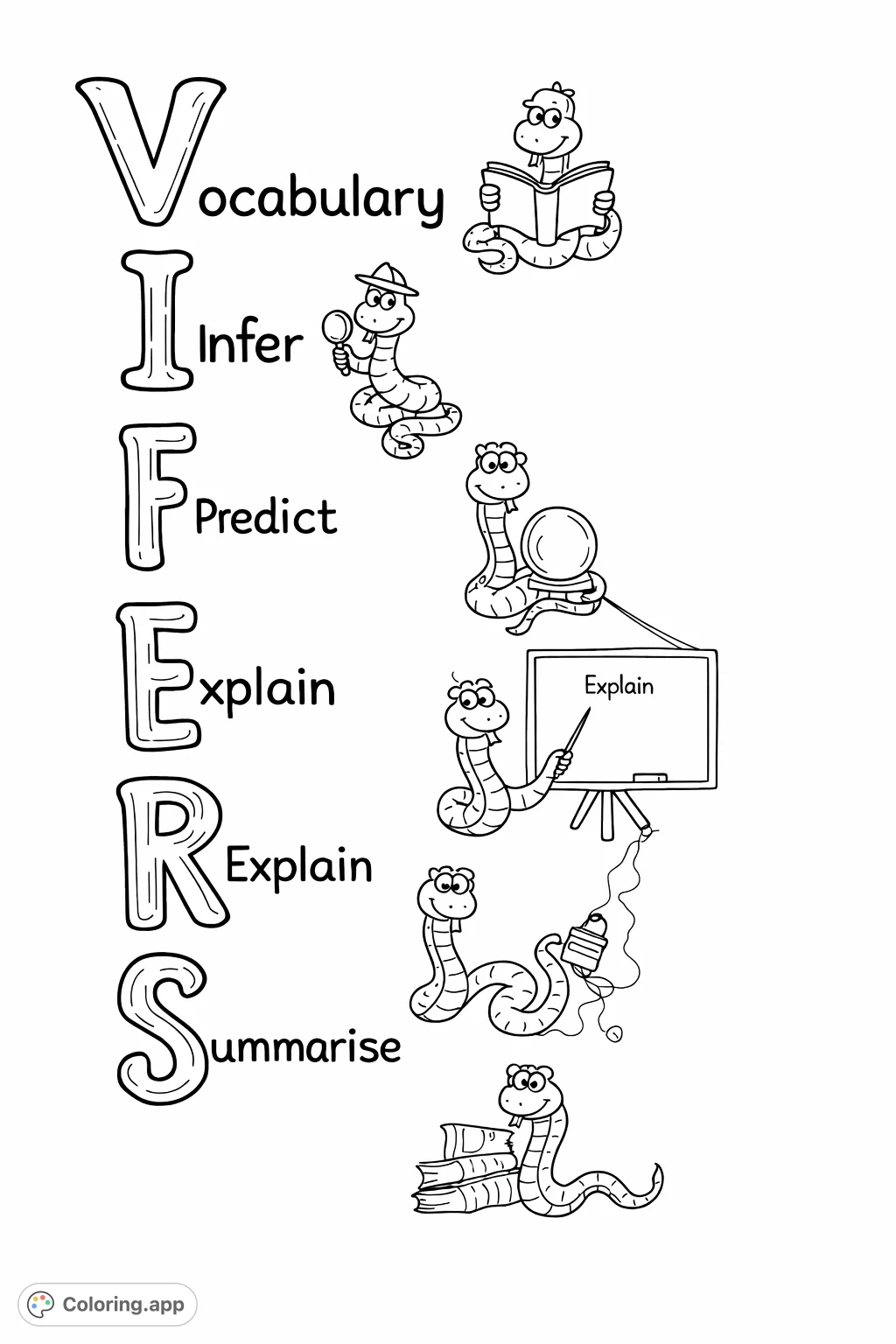 An educational coloring page featuring cartoon snakes illustrating the VIPERS reading comprehension strategy (Vocabulary, Infer, Predict, Explain, Retrieve, Summarise).