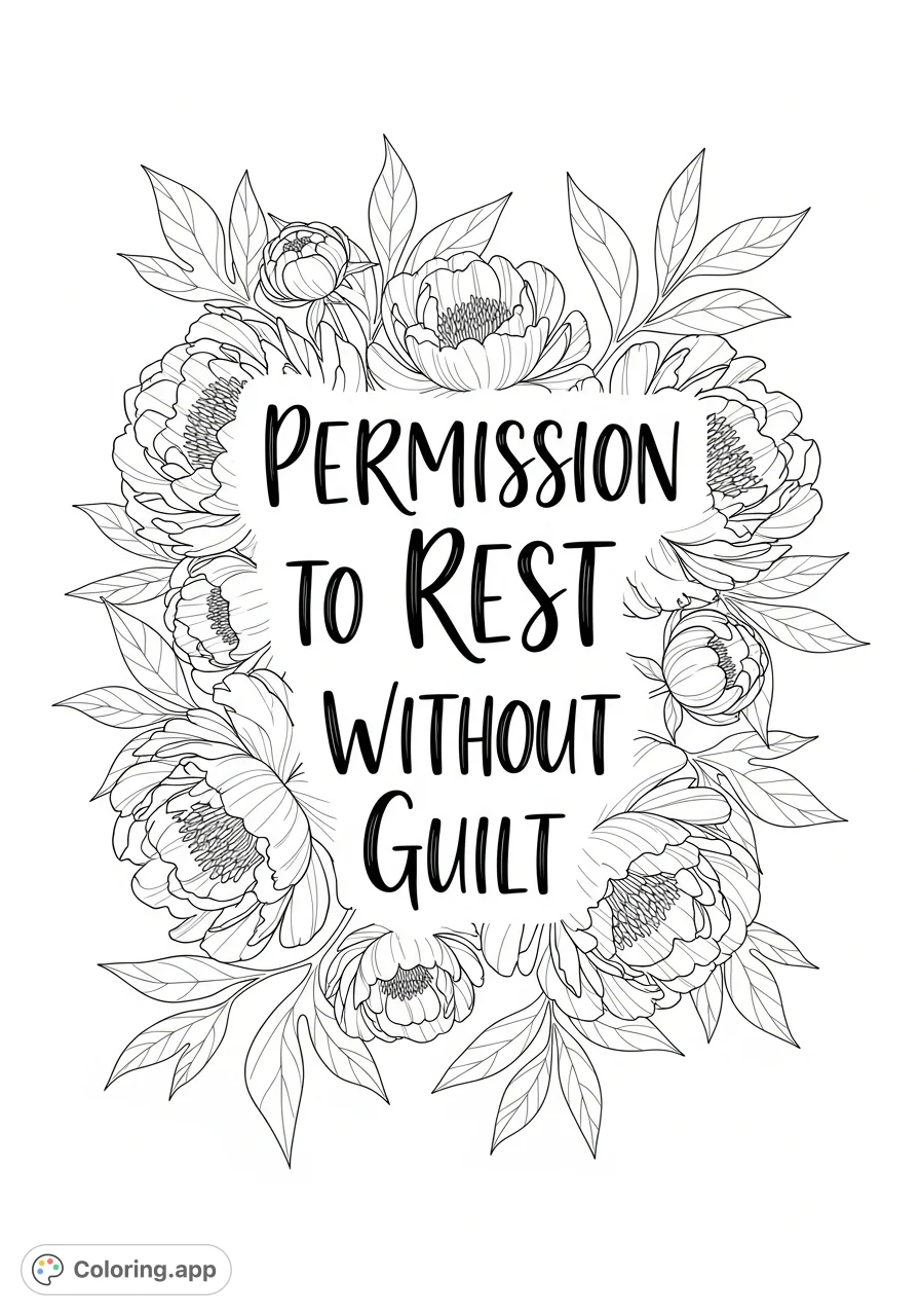 Hand-lettered "Permission to Rest Without Guilt" amidst lush, open peonies and foliage. A calming, intricate botanical design for mindful coloring and relaxation.