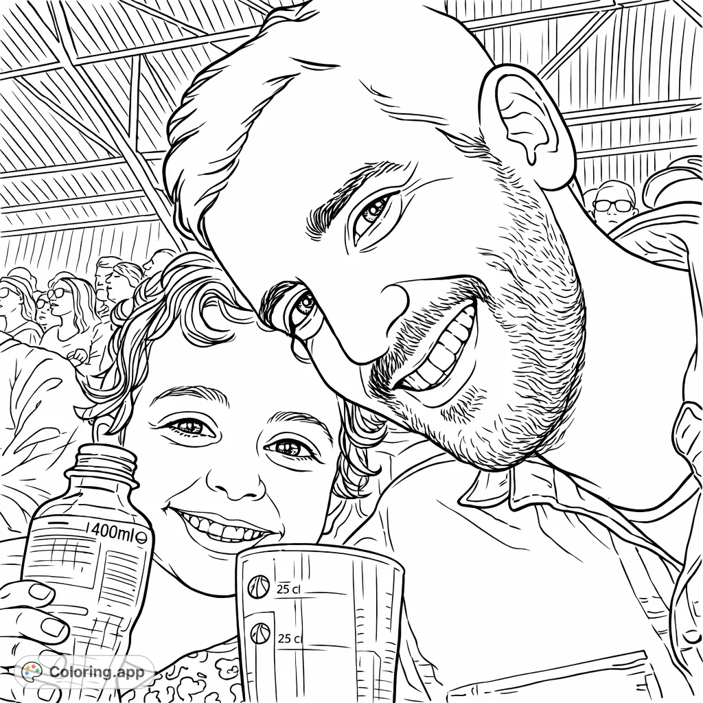Capture a heartwarming moment of a smiling man and child enjoying an event, holding drinks, with a stadium audience in the background. A joyous family scene.