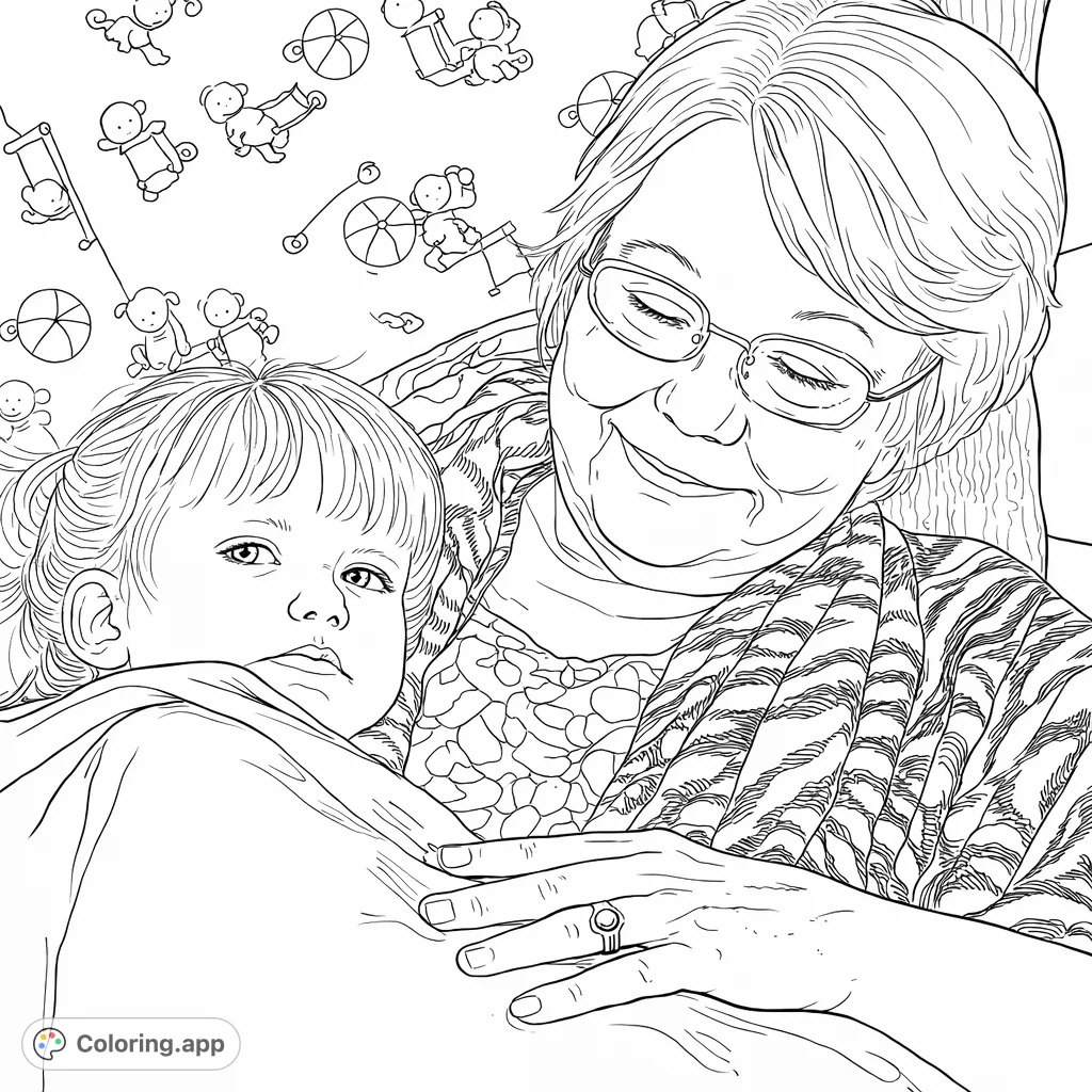 Capture a heartwarming moment between a grandmother and child. Perfect for a family bonding coloring page, featuring patterned clothing and pillow.