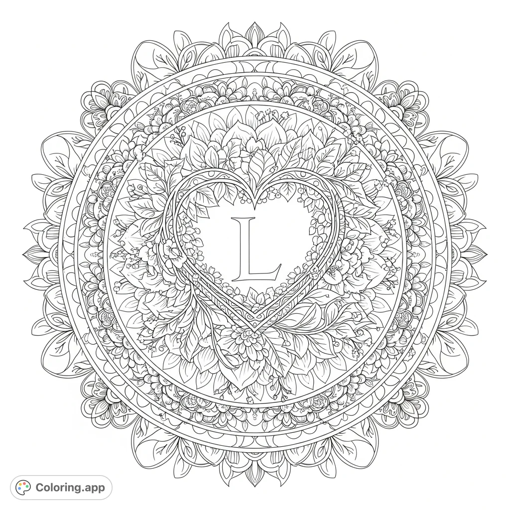 Unwind with this intricate floral mandala featuring a unique heart-shaped 'L' at its center. A detailed design perfect for mindful coloring and creative expression.