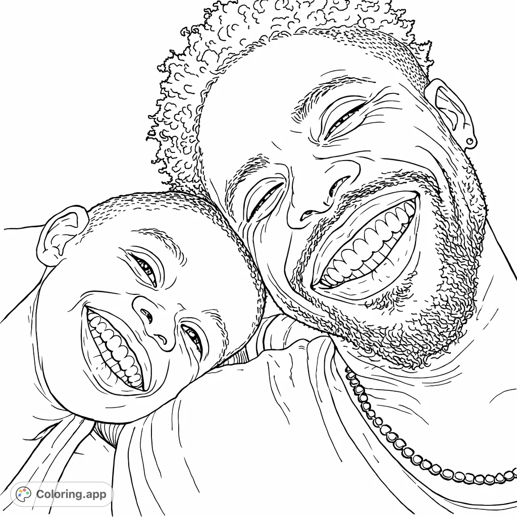 A heartwarming family coloring page featuring a smiling adult and child in a close embrace. Capture their joyful expressions and create a memorable family moment.