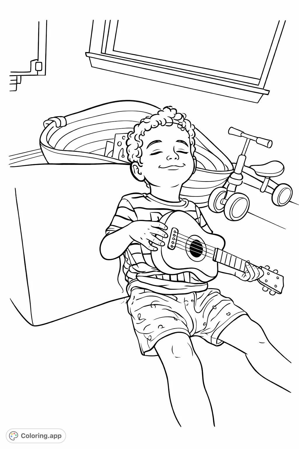A delightful coloring page featuring a smiling child with a toy guitar, surrounded by playtime fun. Perfect for inspiring creativity and musical joy!