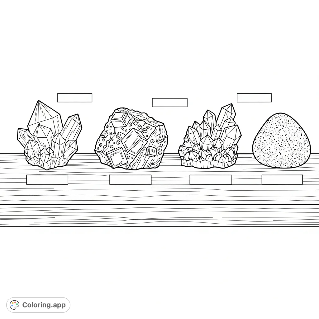 Explore a fascinating array of geological specimens including quartz, pyrite, amethyst, and granite, neatly displayed for a captivating coloring experience.