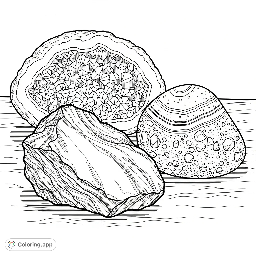 Explore the intricate beauty of natural rock and mineral formations. This detailed coloring page features glassy obsidian, a crystalline geode, and a banded river rock.