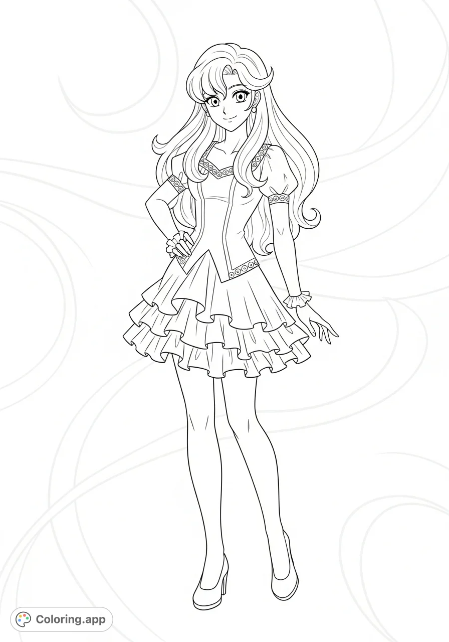 A full-body anime female character stands confidently, featuring flowing hair, a layered outfit, and expressive features, ready for vibrant customization.