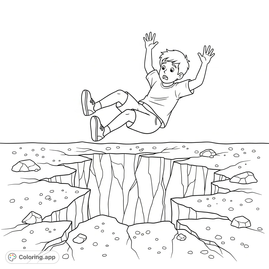 A dynamic coloring page featuring a boy mid-fall over a wide, jagged ground crack. Capture his surprised expression and the textured depths below.