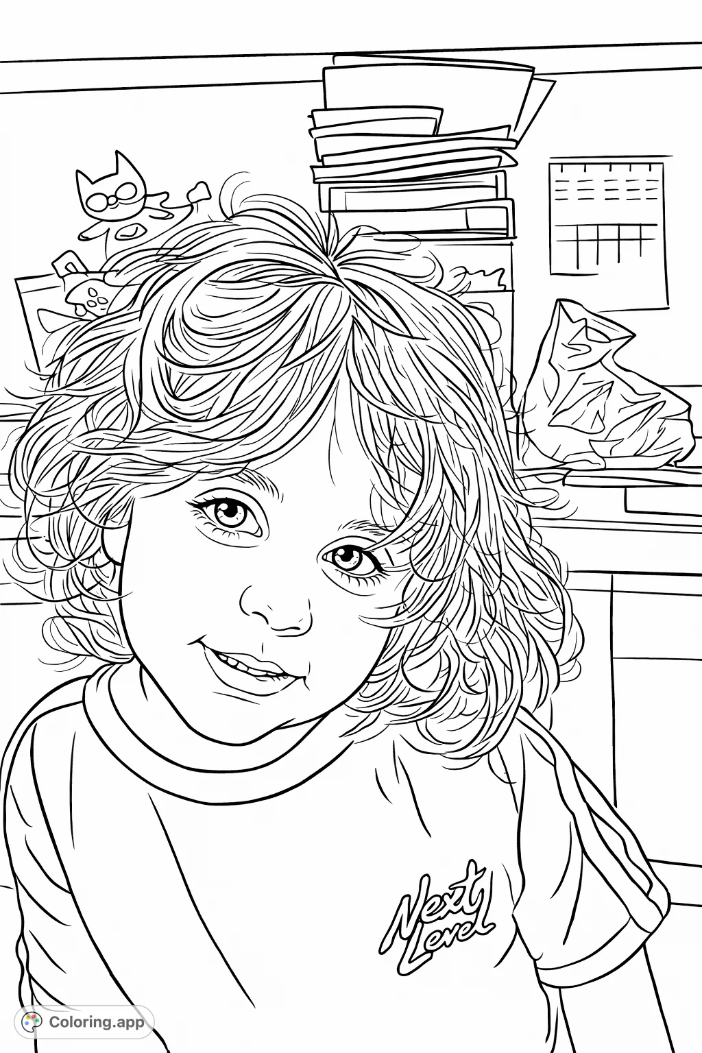 Capture the innocence of childhood with this delightful coloring page featuring a smiling child with abundant curly hair. Express joy and creativity!