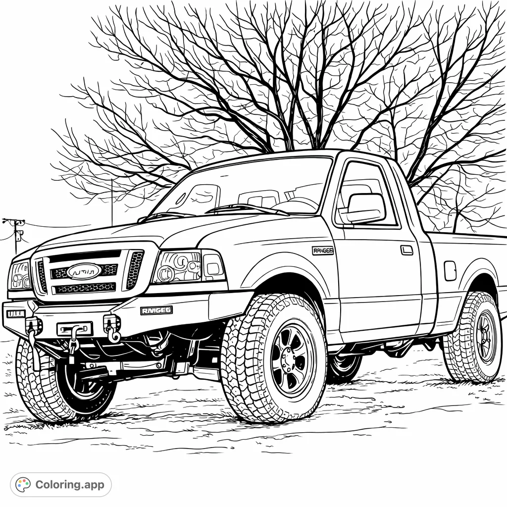 Color a tough pickup truck with an off-road bumper, big tires, and intricate tree branches in the background. Perfect for vehicle enthusiasts.